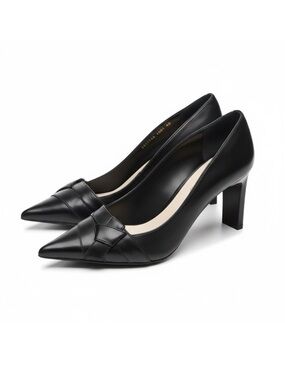 new Escada༄ Pointy Toe Bow Pumps ༄ Rectangle Shaped Mirror Heel༄ Black Leather